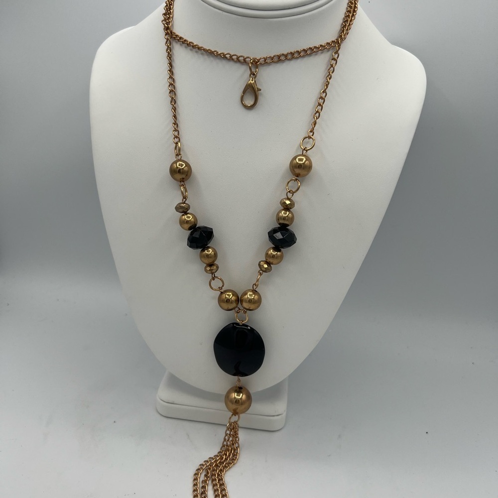 Gold Tone Long Statement Necklace with Black Faceted Beads & Tassel 31”